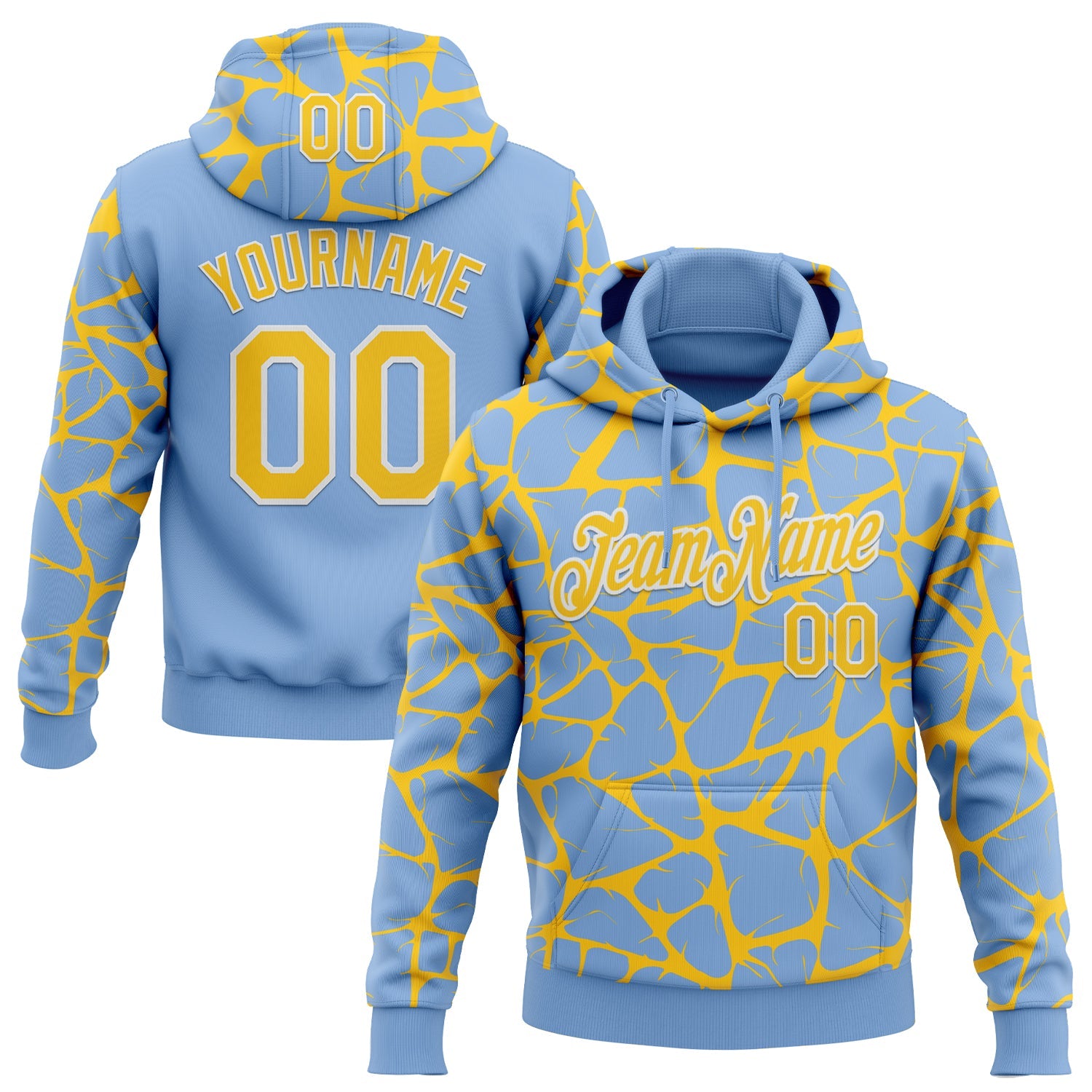 Custom Stitched Light Blue Yellow-White Abstract Network Pattern Sports Pullover Sweatshirt Hoodie - Main View