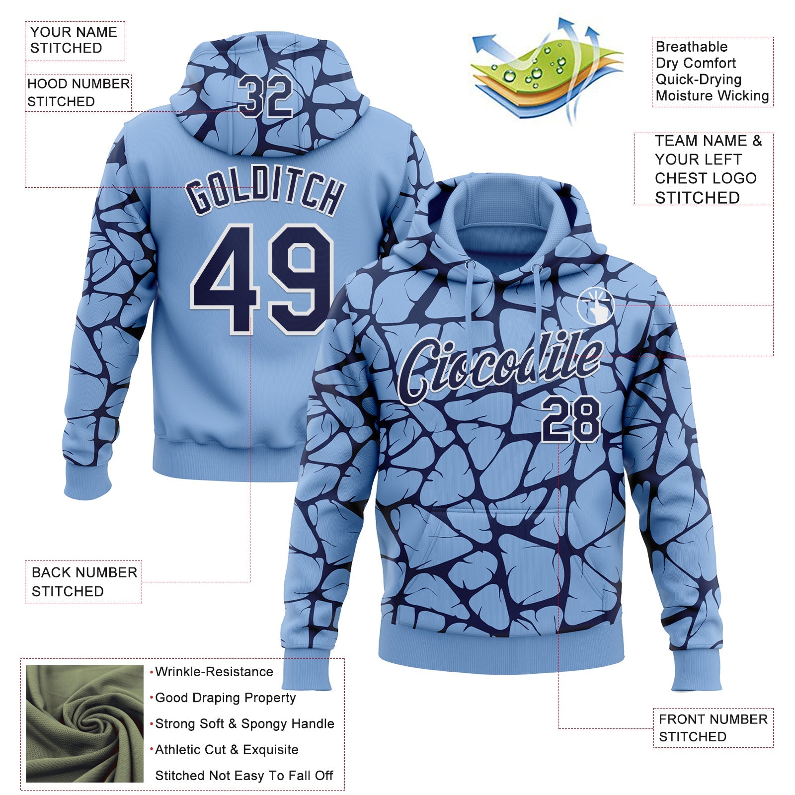 Custom Stitched Light Blue Navy-White Abstract Network Pattern Sports Pullover Sweatshirt Hoodie view 4