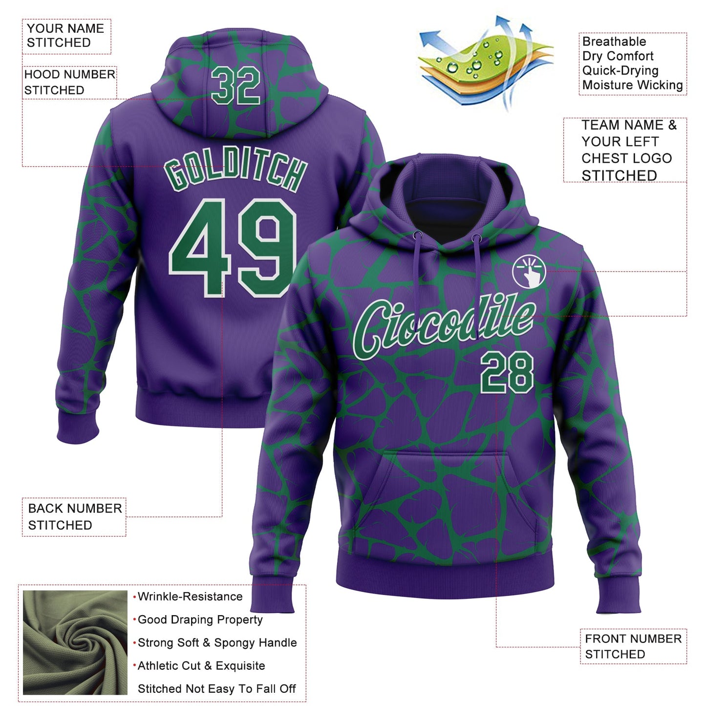 Custom Stitched Purple Kelly Green-White Abstract Network Pattern Sports Pullover Sweatshirt Hoodie view 4