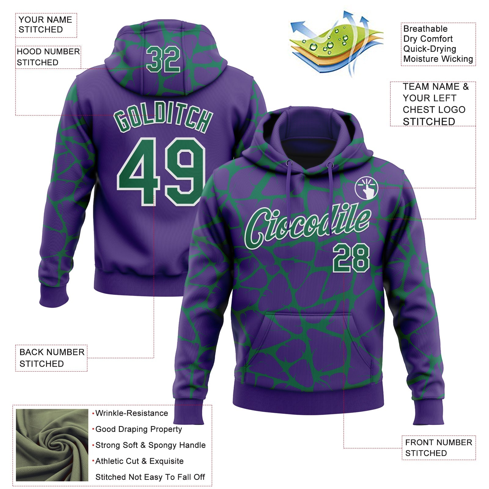 Custom Stitched Purple Kelly Green-White Abstract Network Pattern Sports Pullover Sweatshirt Hoodie view 4