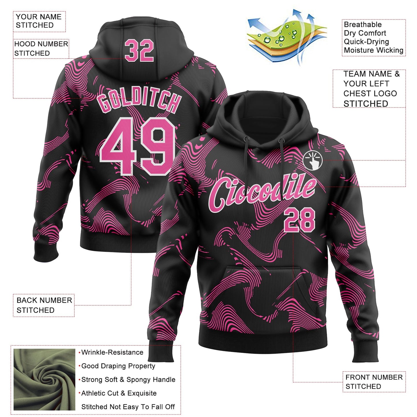 Custom Stitched Black Pink-White Curve Lines Sports Pullover Sweatshirt Hoodie view 4