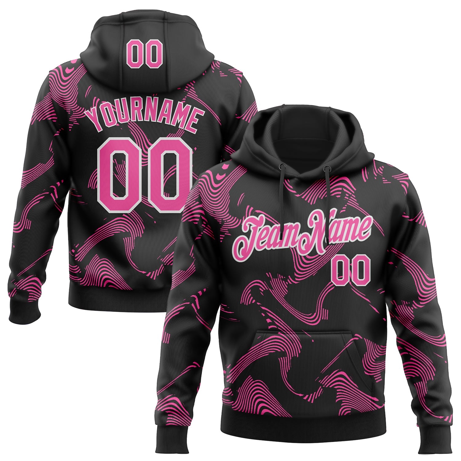 Custom Stitched Black Pink-White Curve Lines Sports Pullover Sweatshirt Hoodie - Main View