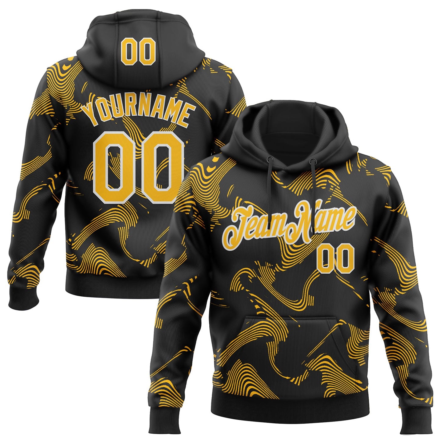 Custom Stitched Black Gold-White Curve Lines Sports Pullover Sweatshirt Hoodie - Main View