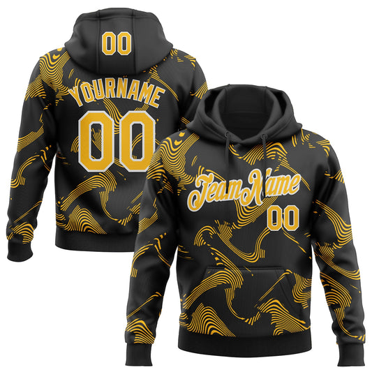Custom Stitched Black Gold-White Curve Lines Sports Pullover Sweatshirt Hoodie - Main View