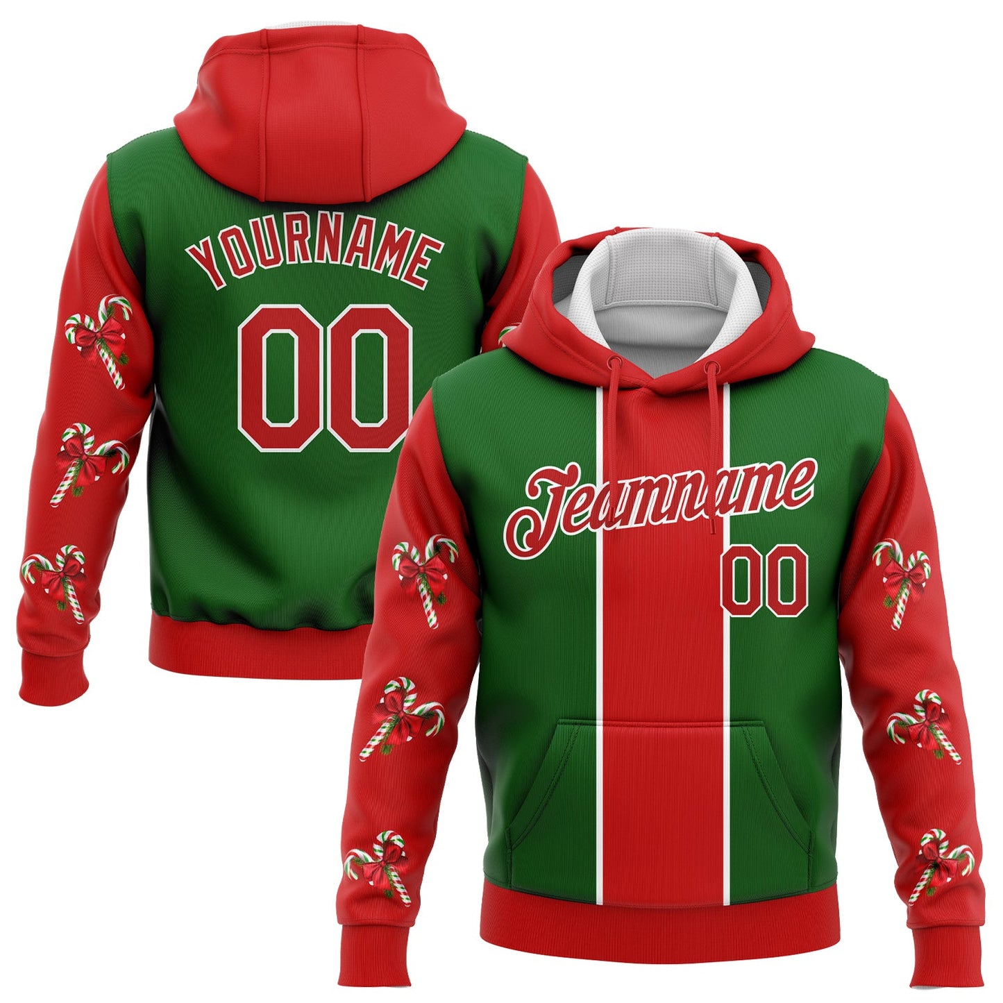Custom Stitched Kelly Green Red-White 3D Christmas Candy Canes Sports Pullover Sweatshirt Hoodie - Main View