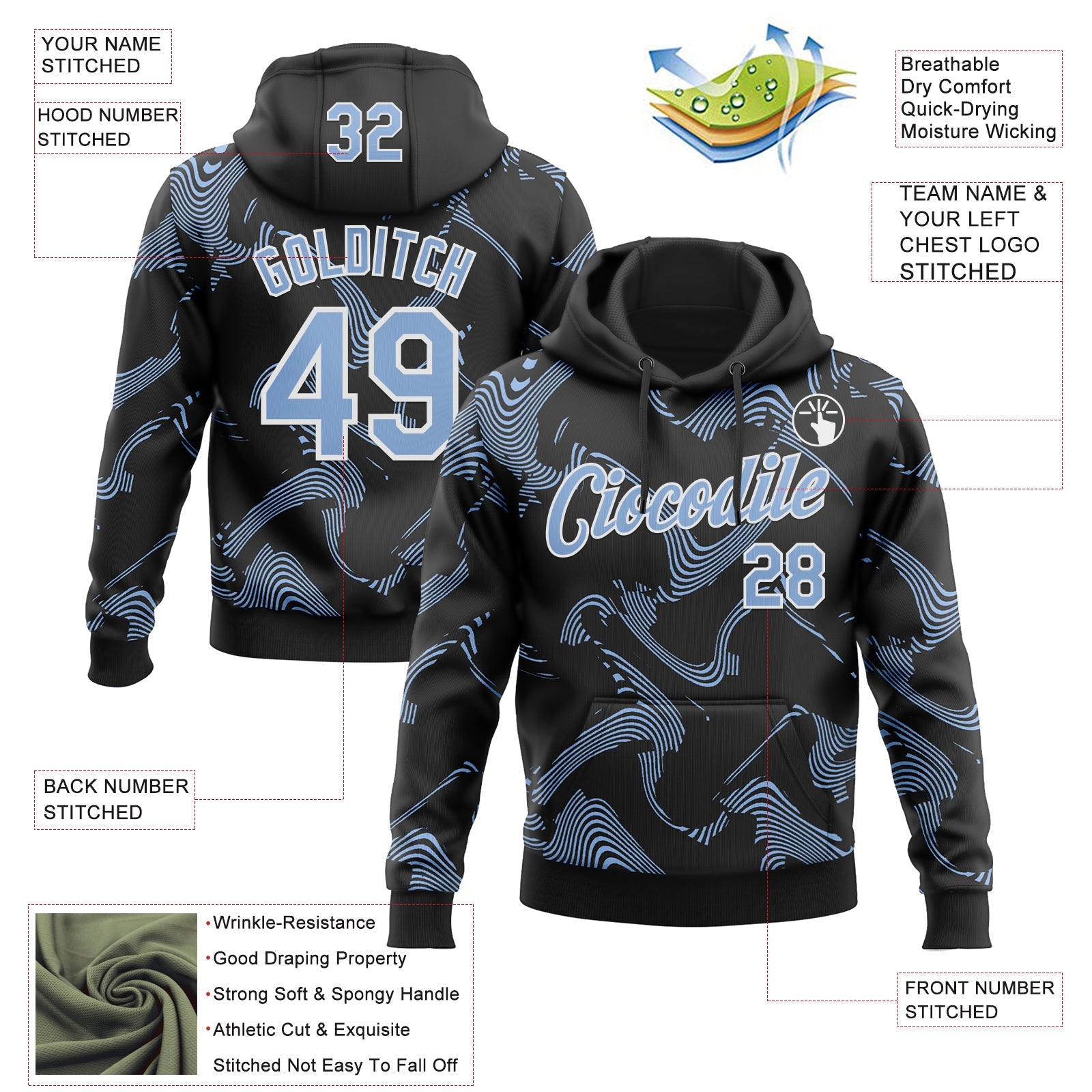Custom Stitched Black Light Blue-White Curve Lines Sports Pullover Sweatshirt Hoodie view 4