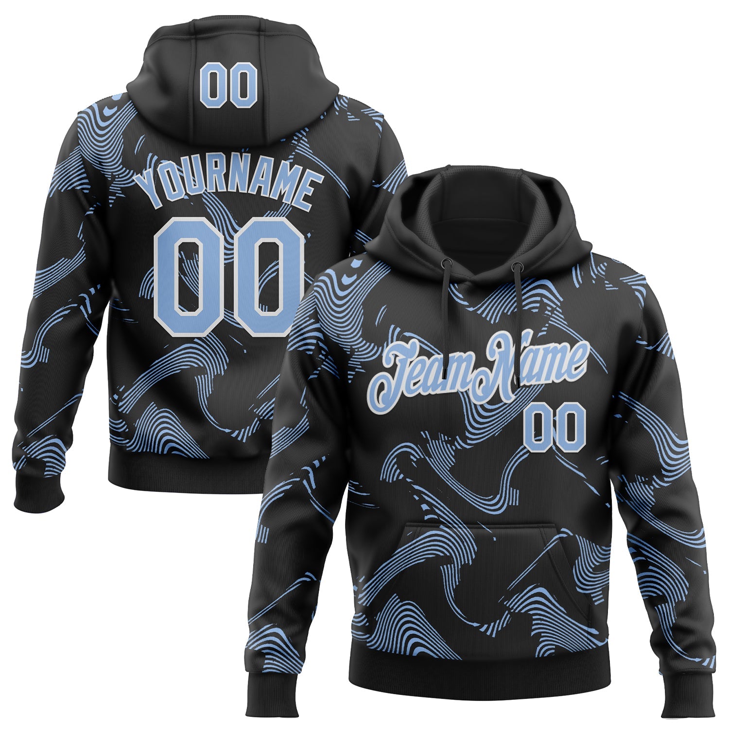 Custom Stitched Black Light Blue-White Curve Lines Sports Pullover Sweatshirt Hoodie - Main View