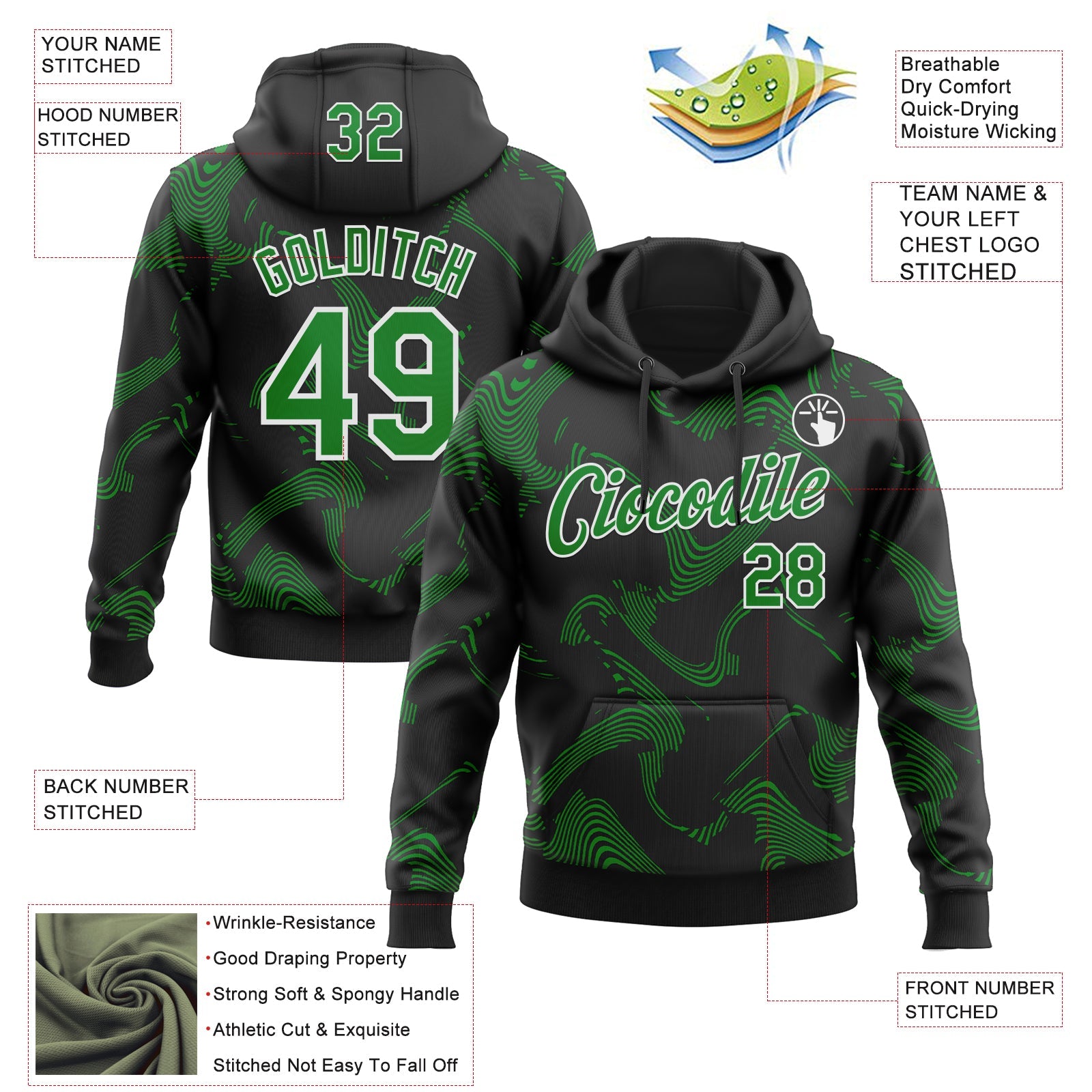 Custom Stitched Black Grass Green-White Curve Lines Sports Pullover Sweatshirt Hoodie view 4