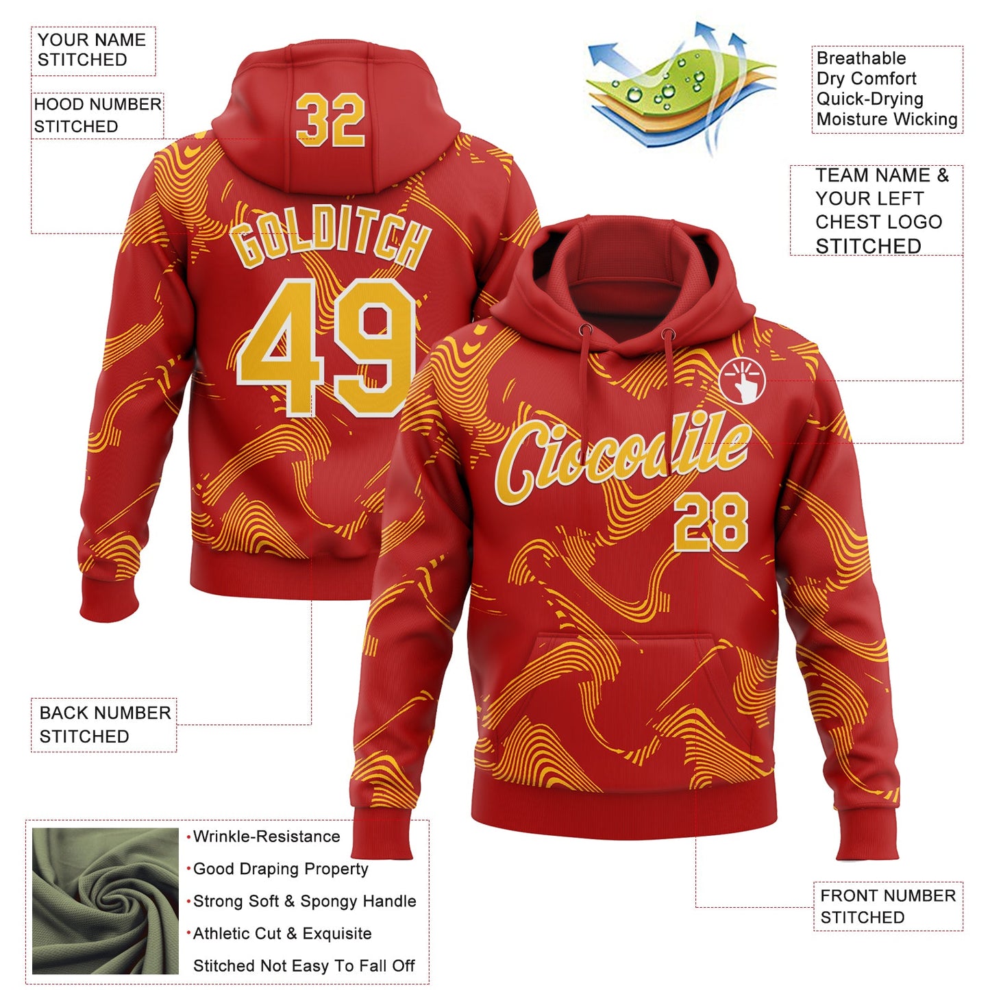 Custom Stitched Red Gold-White Curve Lines Sports Pullover Sweatshirt Hoodie view 4