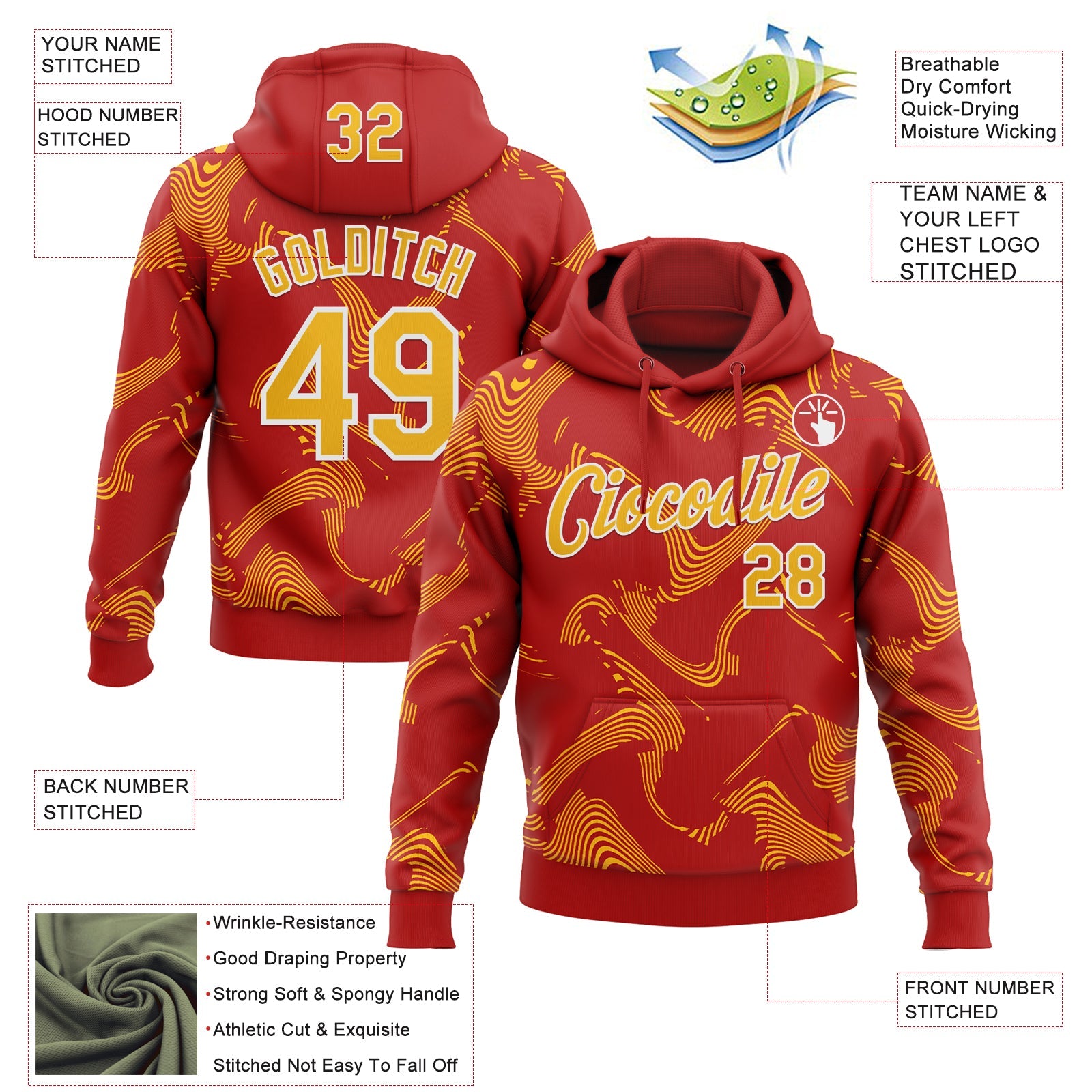 Custom Stitched Red Gold-White Curve Lines Sports Pullover Sweatshirt Hoodie view 4
