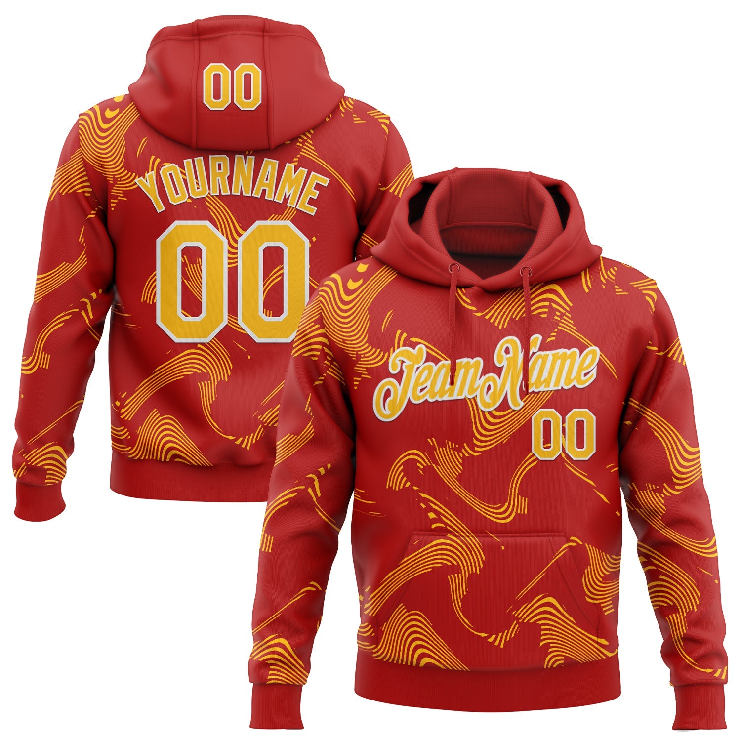 Custom Stitched Red Gold-White Curve Lines Sports Pullover Sweatshirt Hoodie - Main View