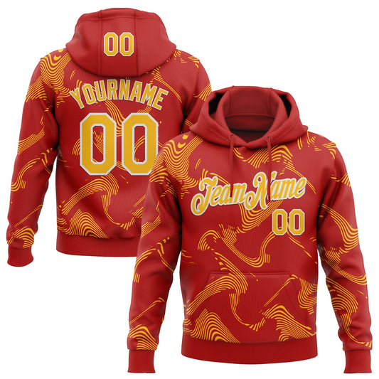 Custom Stitched Red Gold-White Curve Lines Sports Pullover Sweatshirt Hoodie - Main View