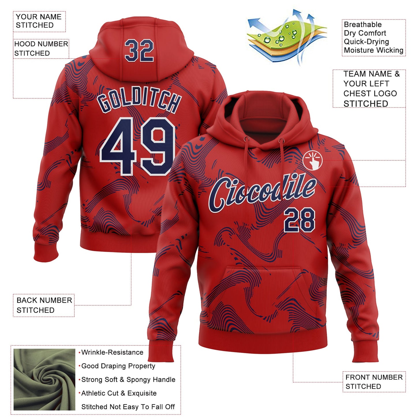 Custom Stitched Red Navy-White Curve Lines Sports Pullover Sweatshirt Hoodie view 4