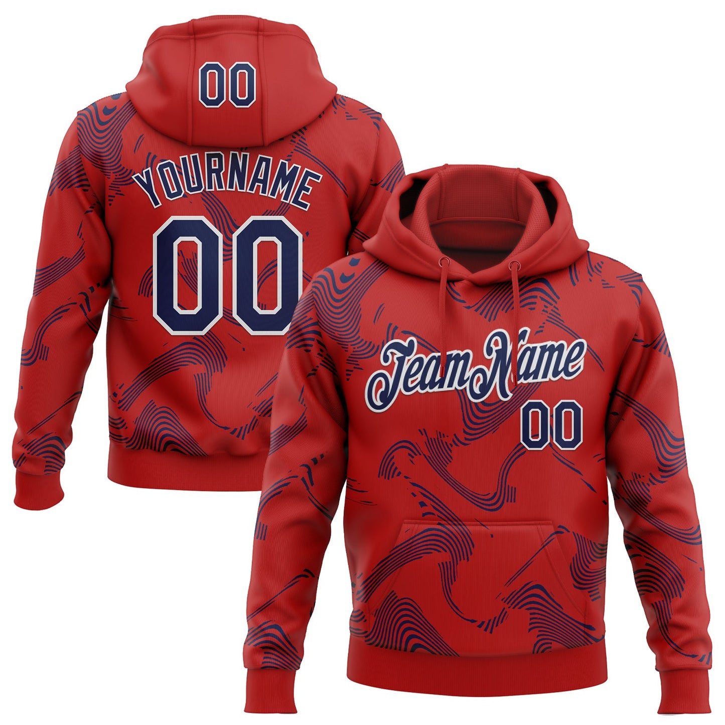 Custom Stitched Red Navy-White Curve Lines Sports Pullover Sweatshirt Hoodie - Main View