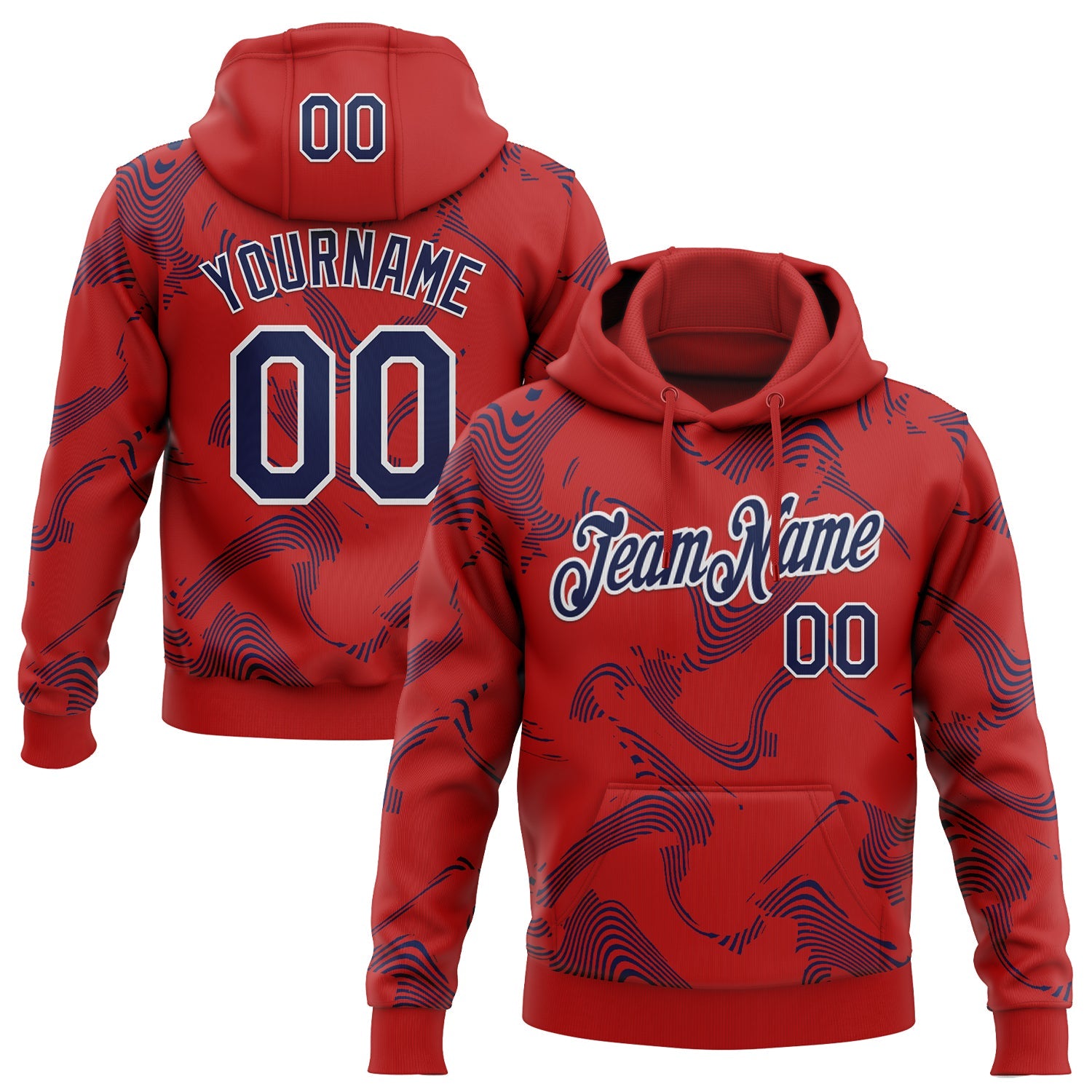 Custom Stitched Red Navy-White Curve Lines Sports Pullover Sweatshirt Hoodie - Main View
