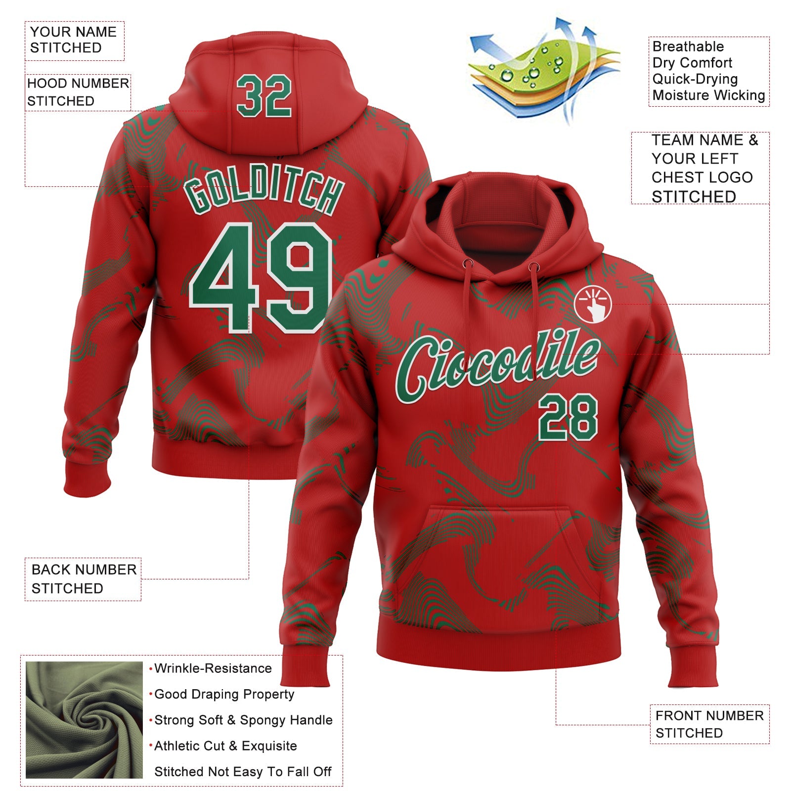 Custom Stitched Red Kelly Green-White Curve Lines Sports Pullover Sweatshirt Hoodie view 4