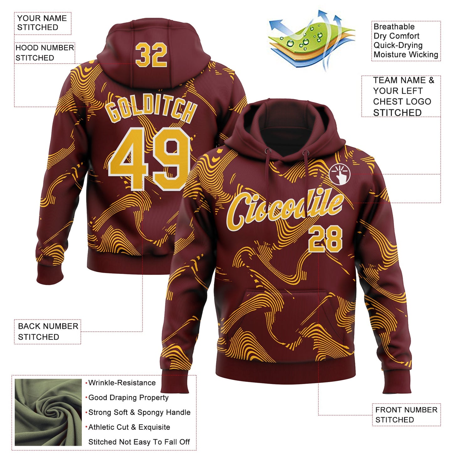 Custom Stitched Burgundy Gold-White Curve Lines Sports Pullover Sweatshirt Hoodie view 4