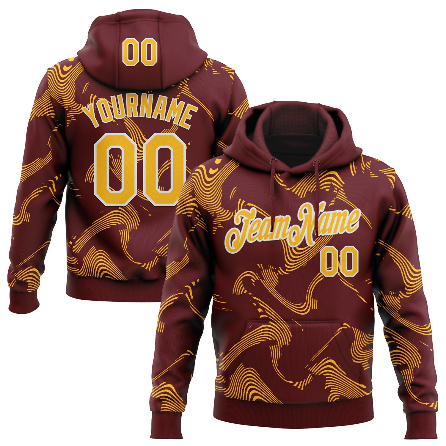 Custom Stitched Burgundy Gold-White Curve Lines Sports Pullover Sweatshirt Hoodie - Main View