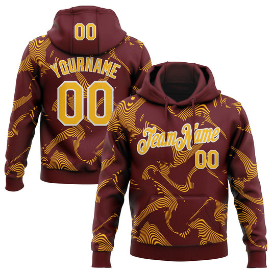 Custom Stitched Burgundy Gold-White Curve Lines Sports Pullover Sweatshirt Hoodie - Main View