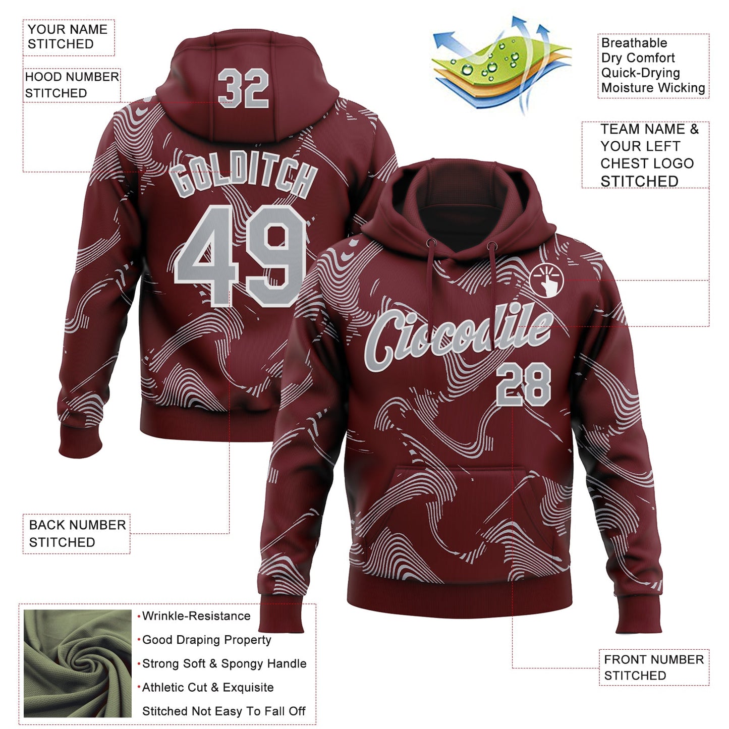 Custom Stitched Burgundy Gray-White Curve Lines Sports Pullover Sweatshirt Hoodie view 4
