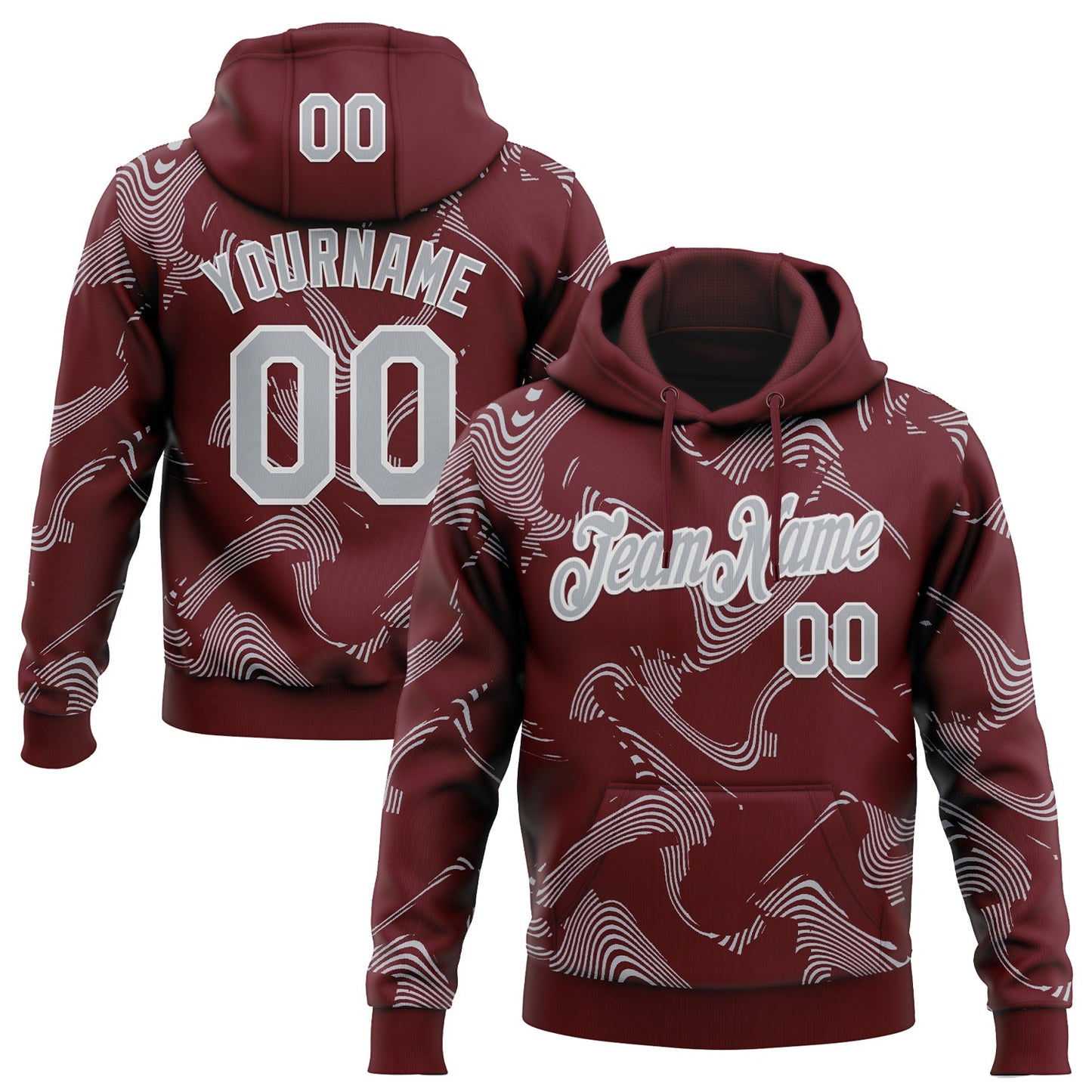 Custom Stitched Burgundy Gray-White Curve Lines Sports Pullover Sweatshirt Hoodie - Main View