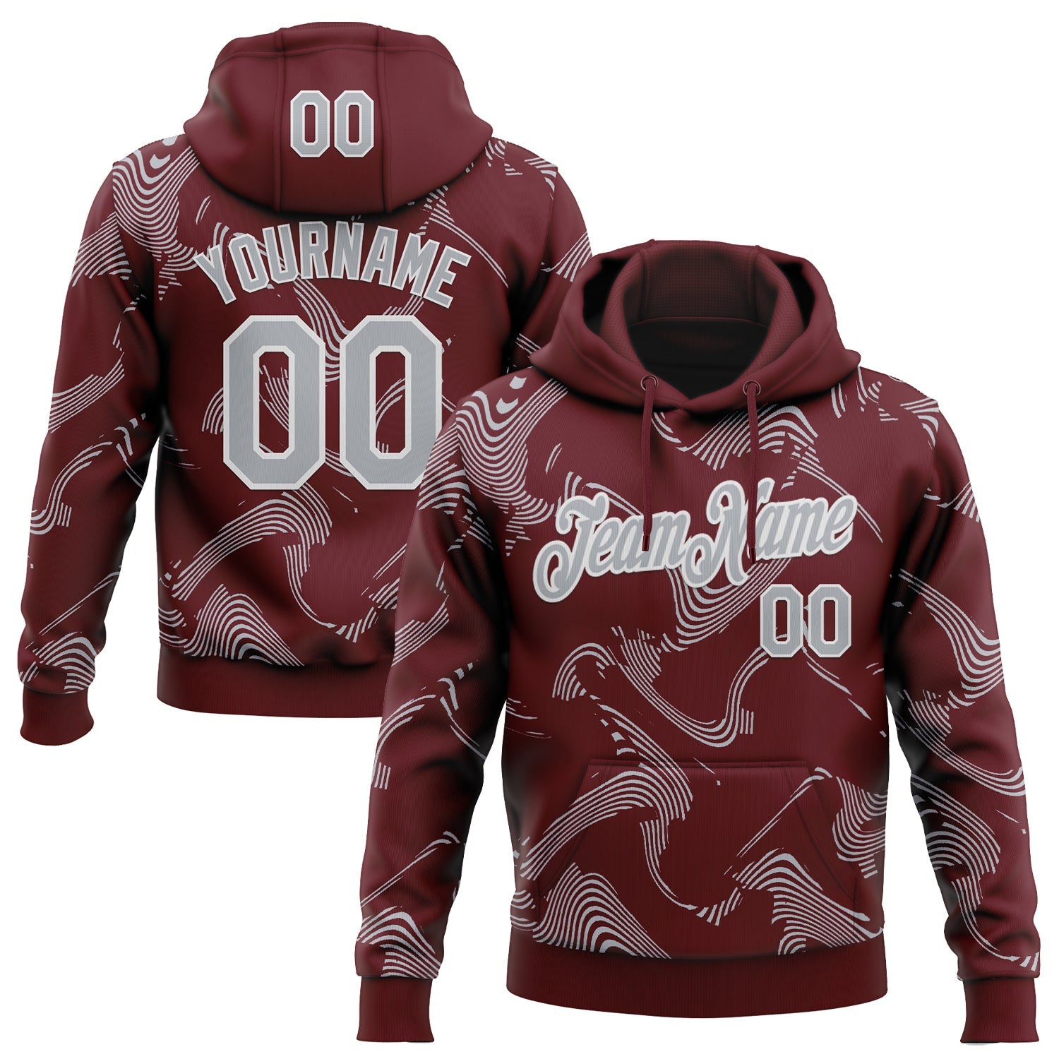 Custom Stitched Burgundy Gray-White Curve Lines Sports Pullover Sweatshirt Hoodie - Main View