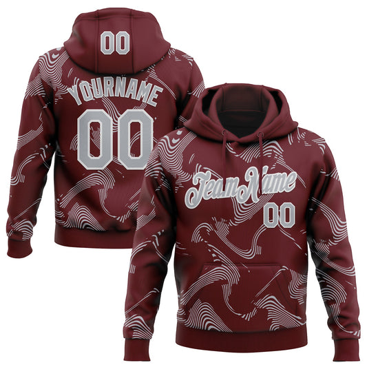Custom Stitched Burgundy Gray-White Curve Lines Sports Pullover Sweatshirt Hoodie - Main View