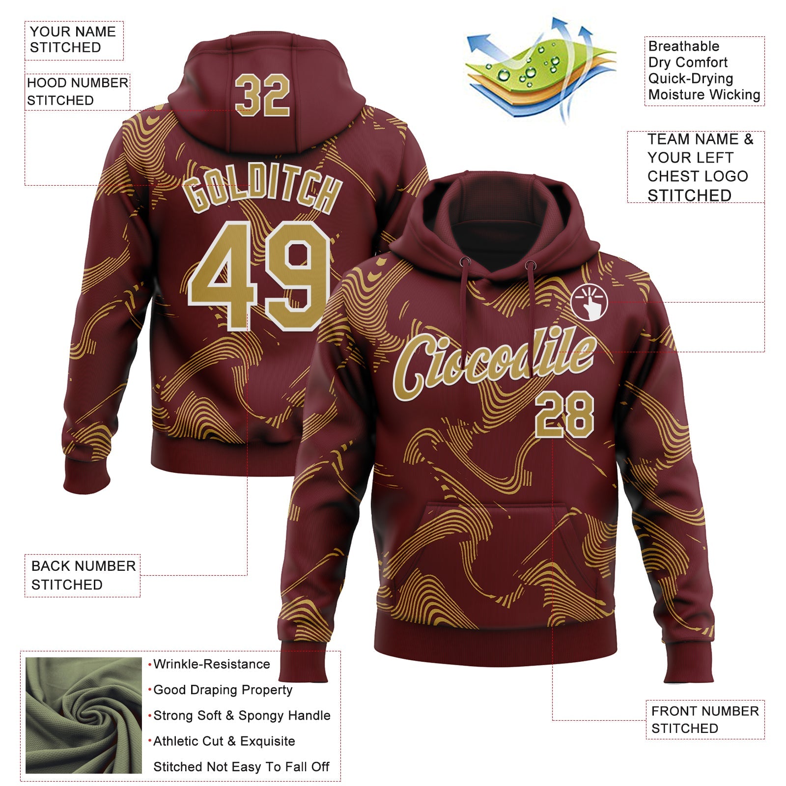 Custom Stitched Burgundy Old Gold-White Curve Lines Sports Pullover Sweatshirt Hoodie view 4