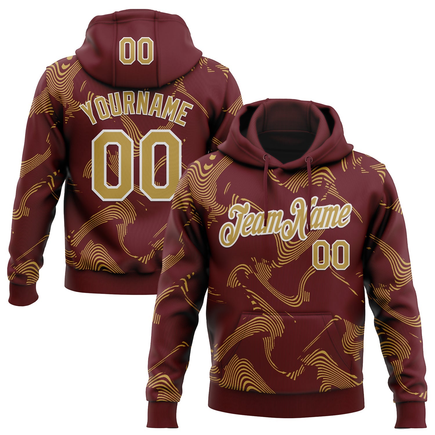 Custom Stitched Burgundy Old Gold-White Curve Lines Sports Pullover Sweatshirt Hoodie - Main View