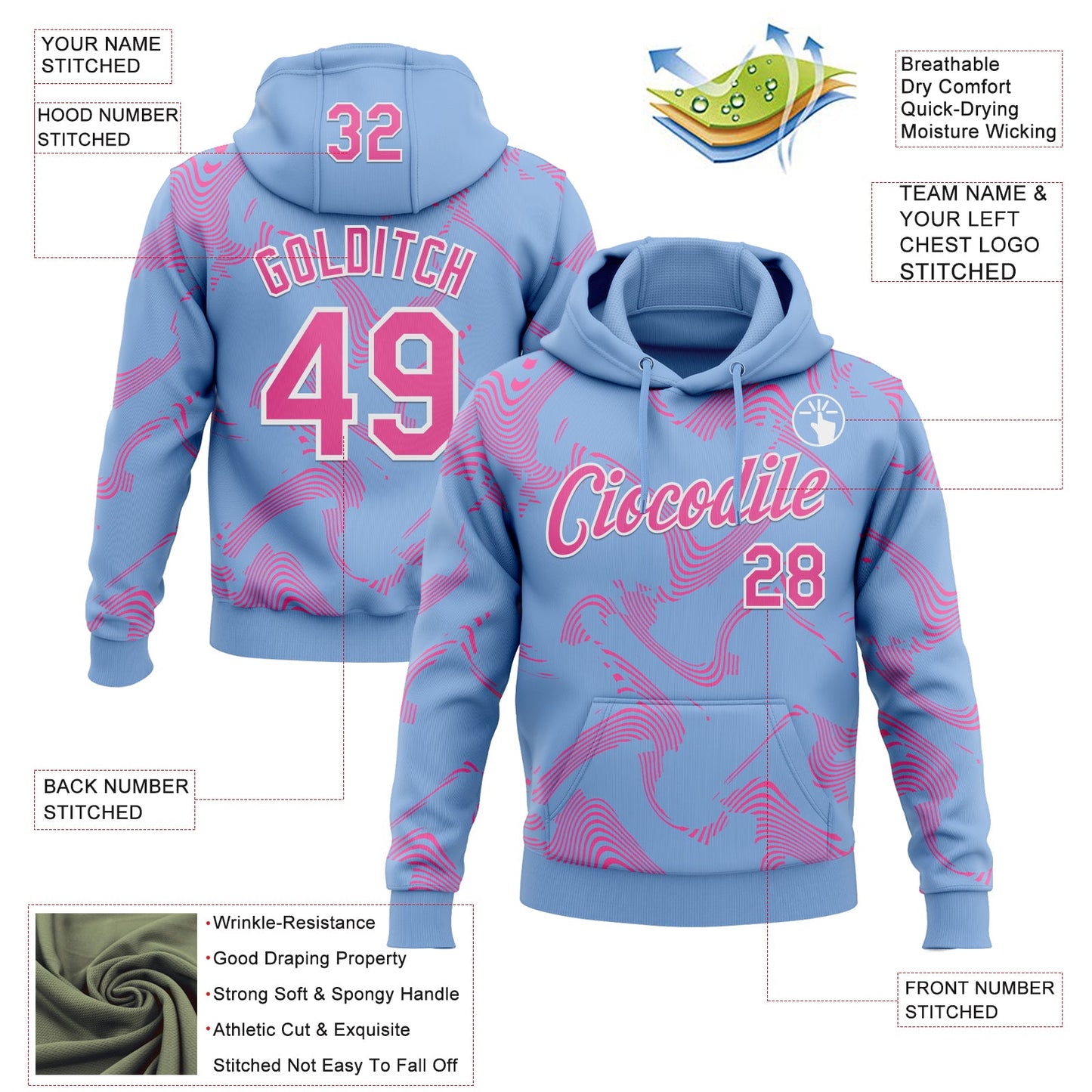 Custom Stitched Light Blue Pink-White Curve Lines Sports Pullover Sweatshirt Hoodie view 4