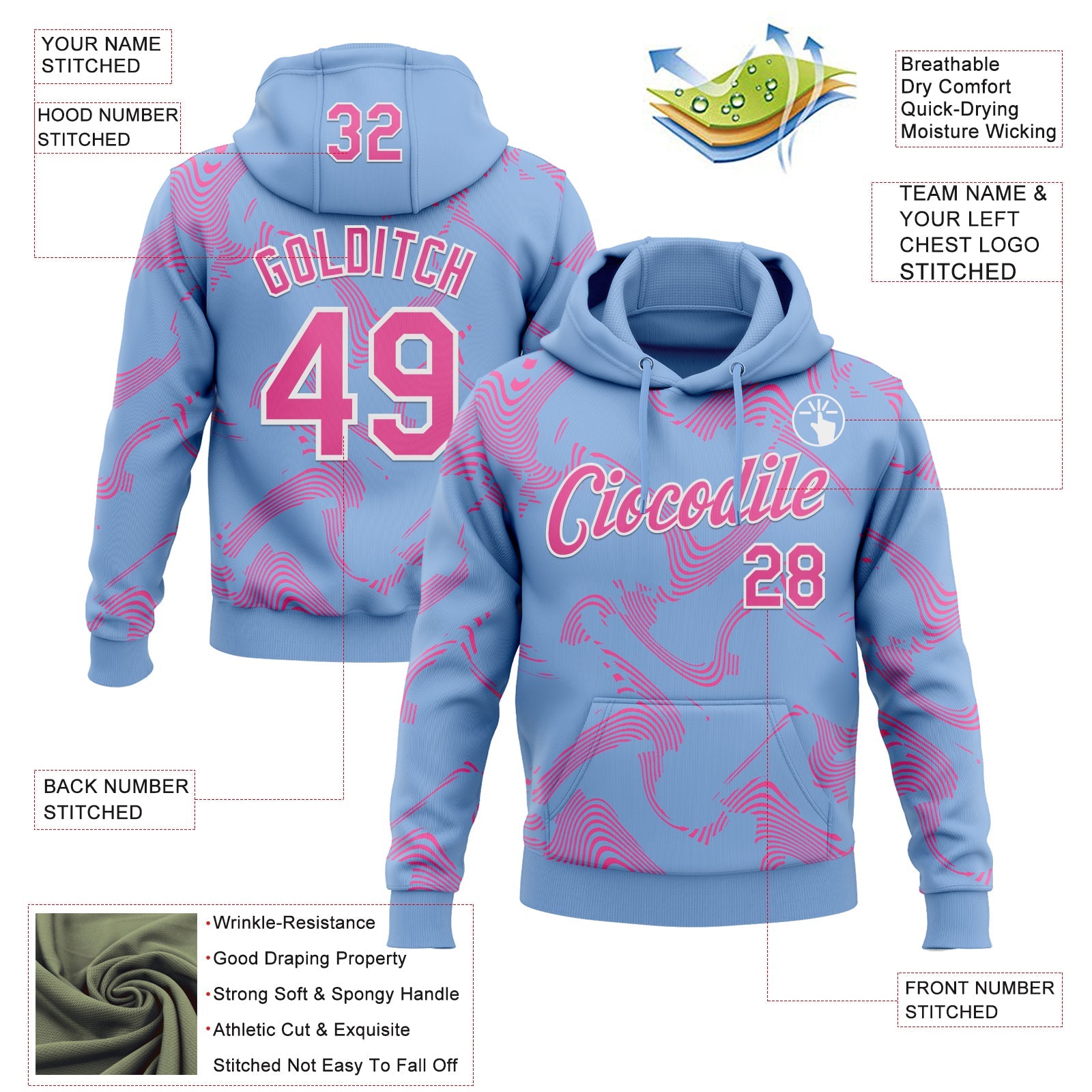 Custom Stitched Light Blue Pink-White Curve Lines Sports Pullover Sweatshirt Hoodie view 4