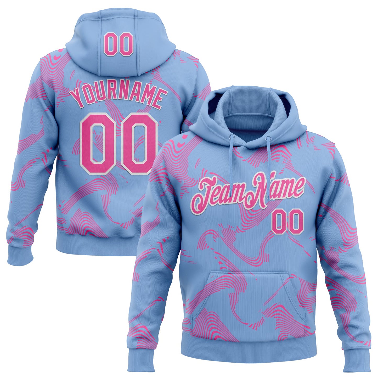 Custom Stitched Light Blue Pink-White Curve Lines Sports Pullover Sweatshirt Hoodie - Main View