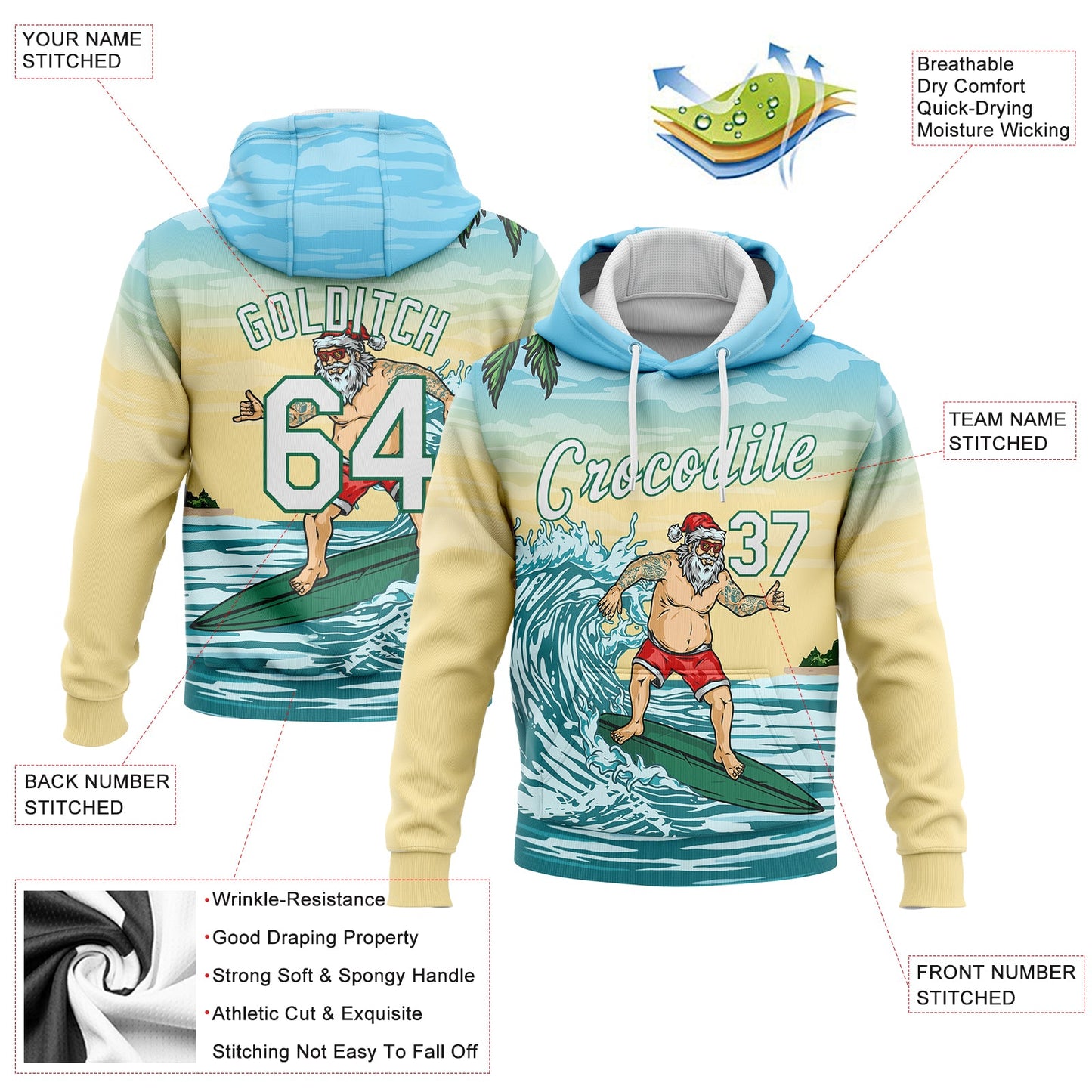 Custom Stitched Light Blue White Kelly Green-Gold 3D Tropical Christmas Surfing Santa Sports Pullover Sweatshirt Hoodie view 2