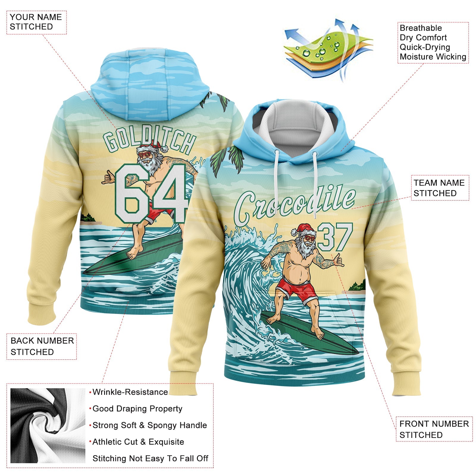 Custom Stitched Light Blue White Kelly Green-Gold 3D Tropical Christmas Surfing Santa Sports Pullover Sweatshirt Hoodie view 2