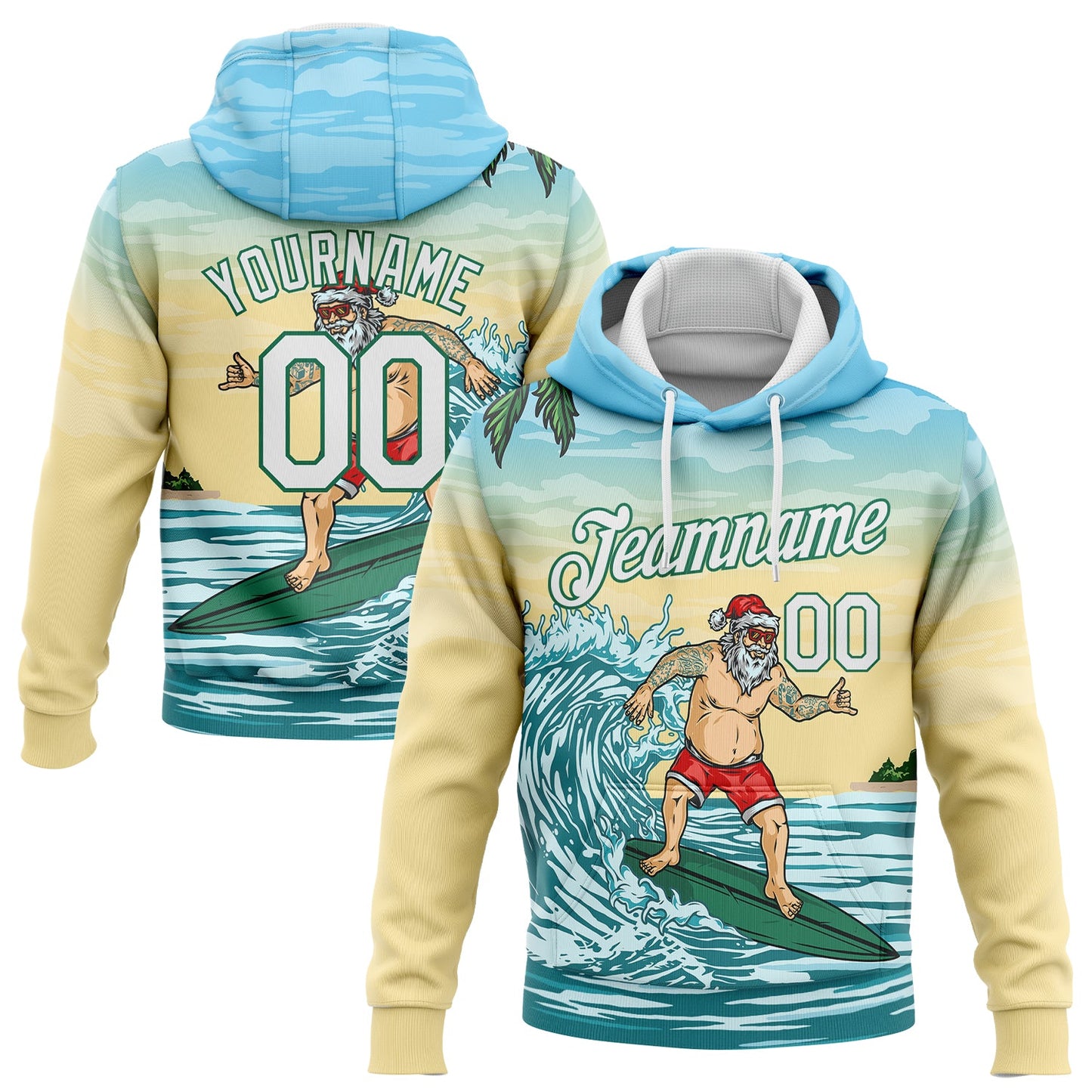 Custom Stitched Light Blue White Kelly Green-Gold 3D Tropical Christmas Surfing Santa Sports Pullover Sweatshirt Hoodie - Main View