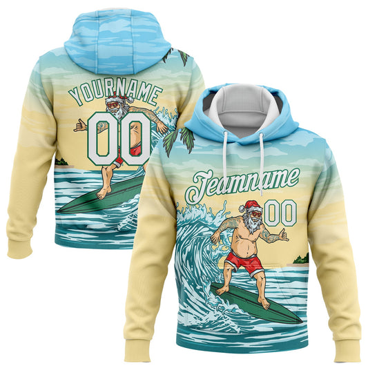 Custom Stitched Light Blue White Kelly Green-Gold 3D Tropical Christmas Surfing Santa Sports Pullover Sweatshirt Hoodie - Main View