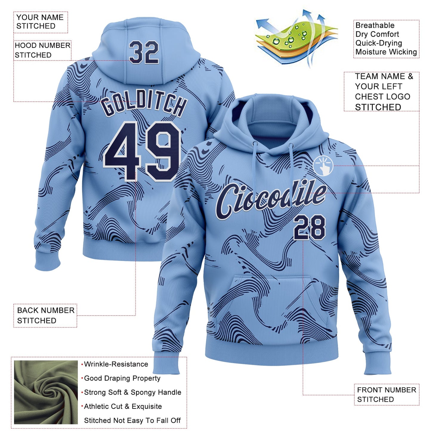 Custom Stitched Light Blue Navy-White Curve Lines Sports Pullover Sweatshirt Hoodie view 4