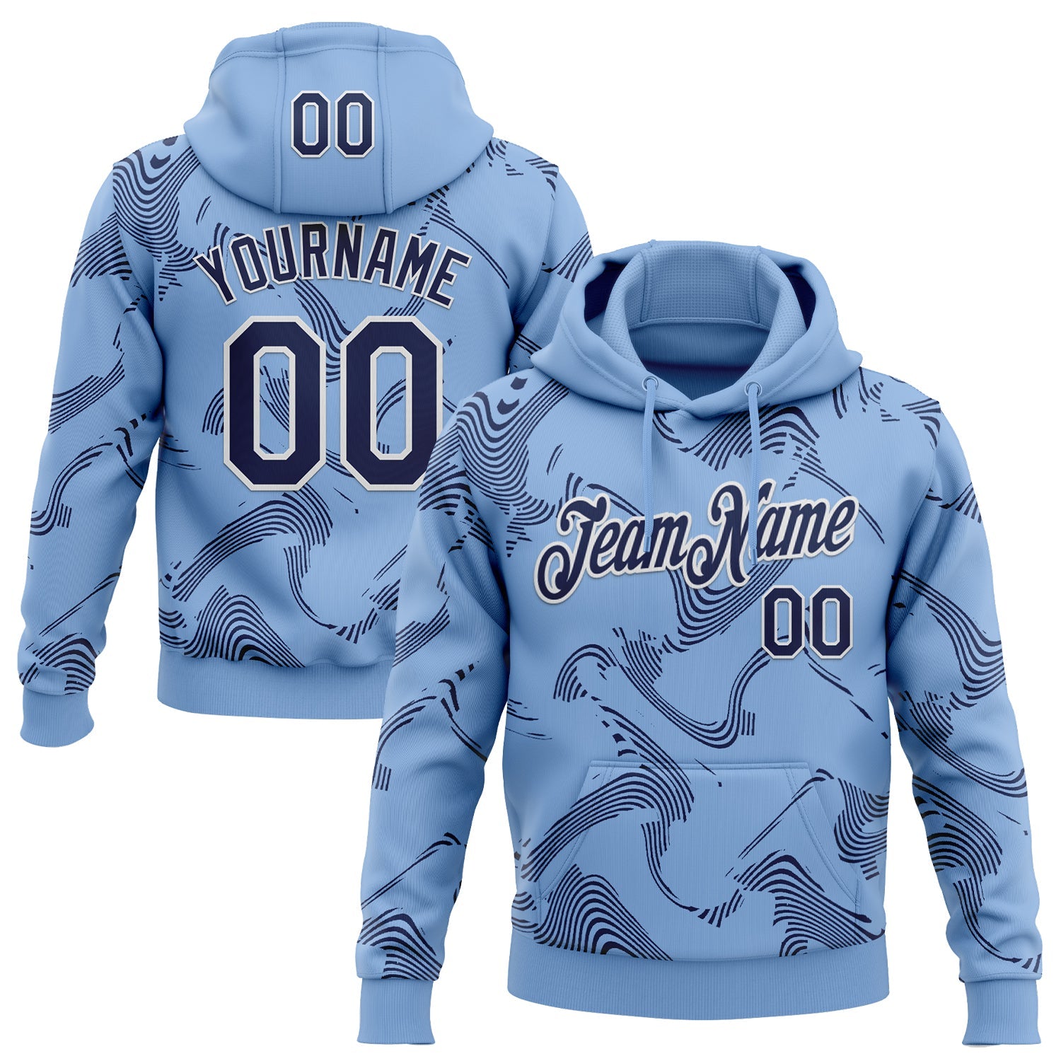 Custom Stitched Light Blue Navy-White Curve Lines Sports Pullover Sweatshirt Hoodie - Main View