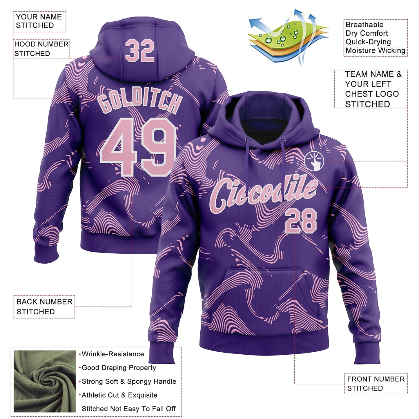 Custom Stitched Purple Light Pink-White Curve Lines Sports Pullover Sweatshirt Hoodie view 4