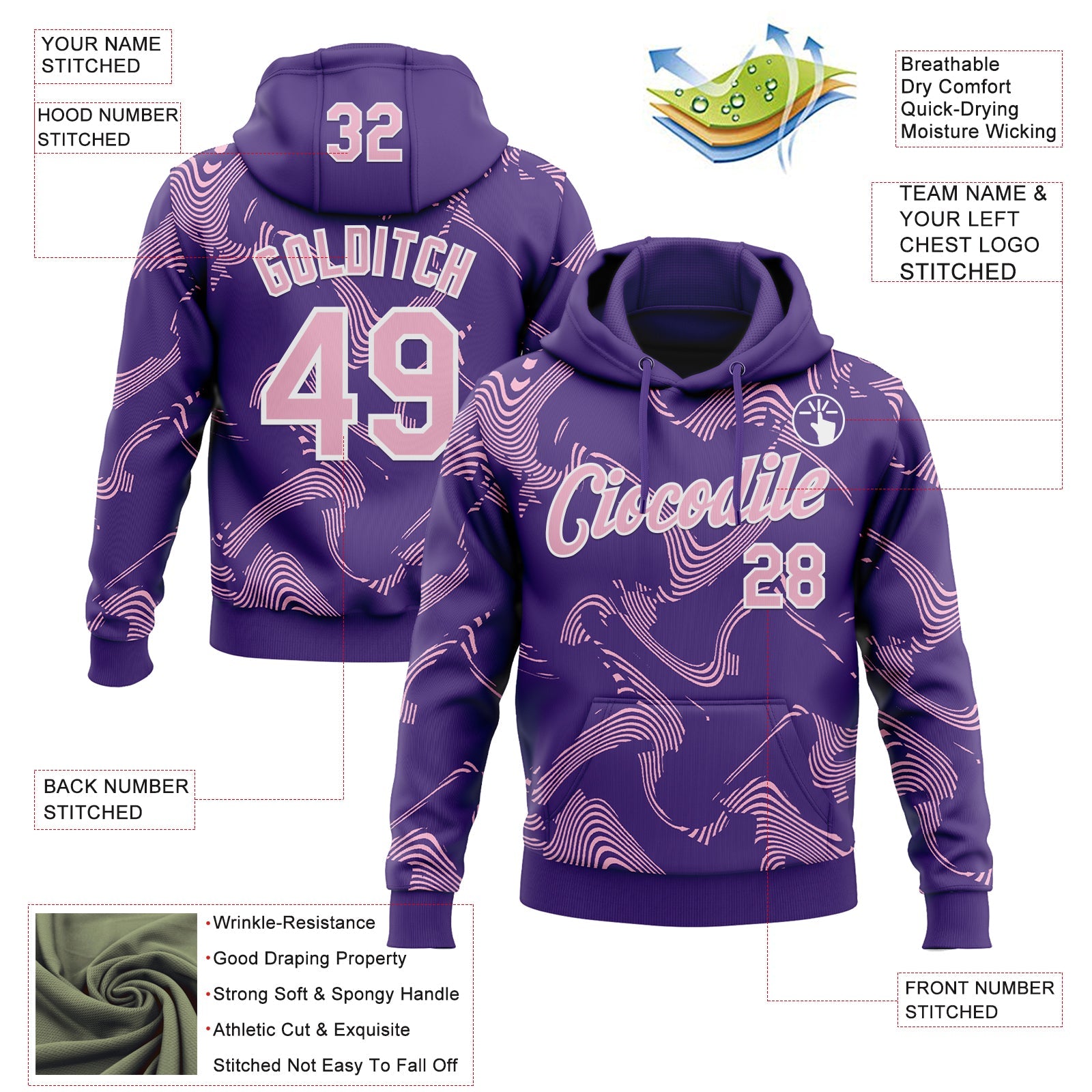 Custom Stitched Purple Light Pink-White Curve Lines Sports Pullover Sweatshirt Hoodie view 4