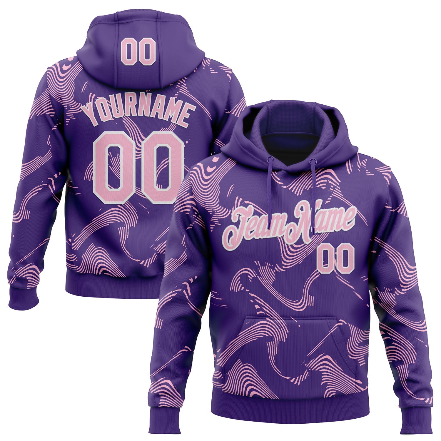 Custom Stitched Purple Light Pink-White Curve Lines Sports Pullover Sweatshirt Hoodie - Main View