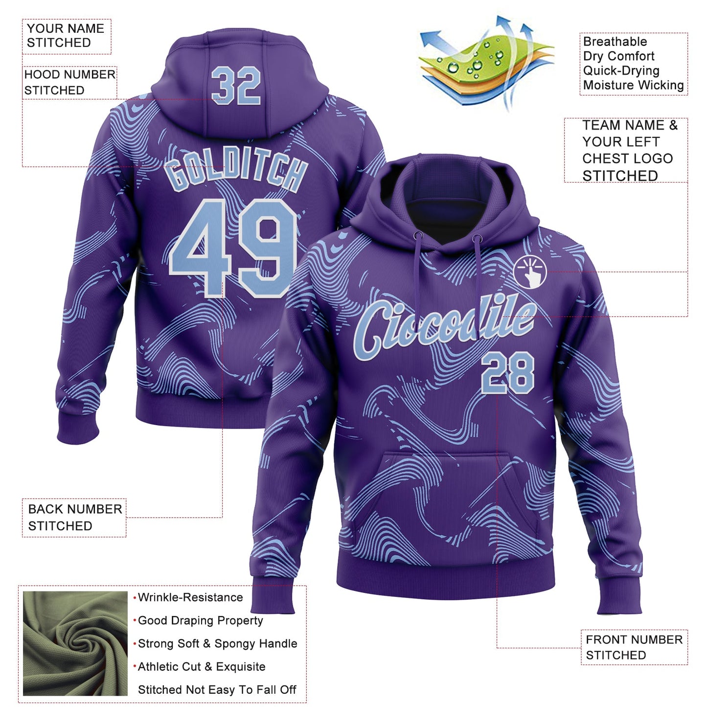 Custom Stitched Purple Light Blue-White Curve Lines Sports Pullover Sweatshirt Hoodie view 4