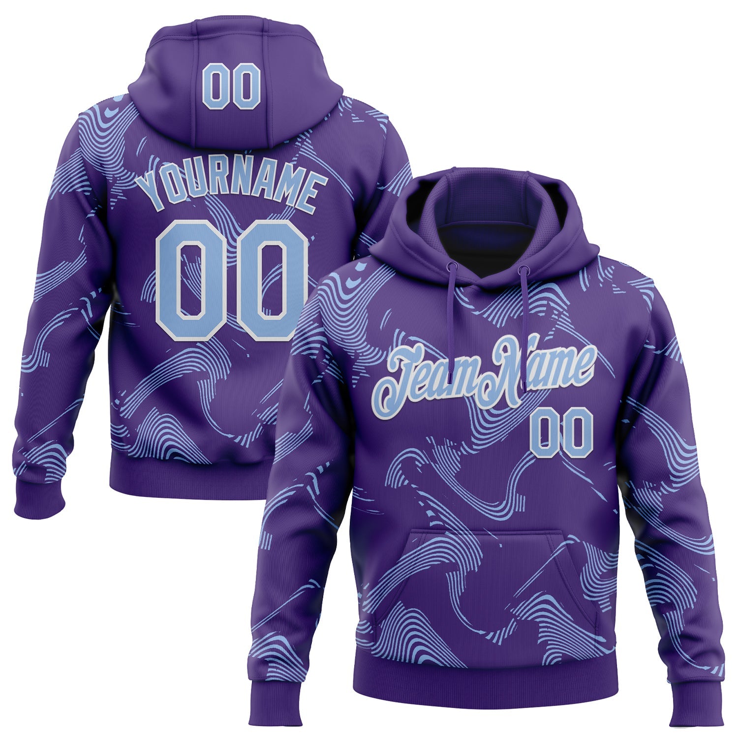 Custom Stitched Purple Light Blue-White Curve Lines Sports Pullover Sweatshirt Hoodie - Main View
