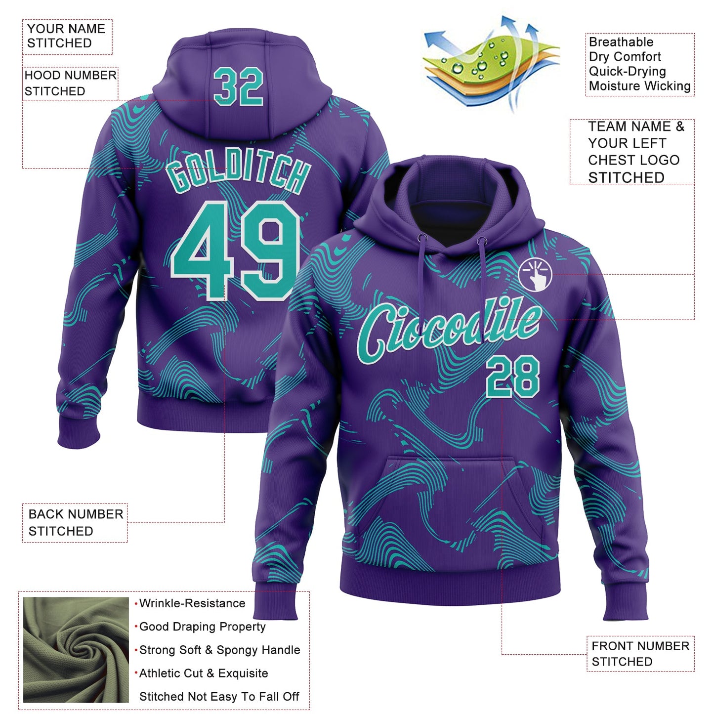 Custom Stitched Purple Aqua-White Curve Lines Sports Pullover Sweatshirt Hoodie view 4