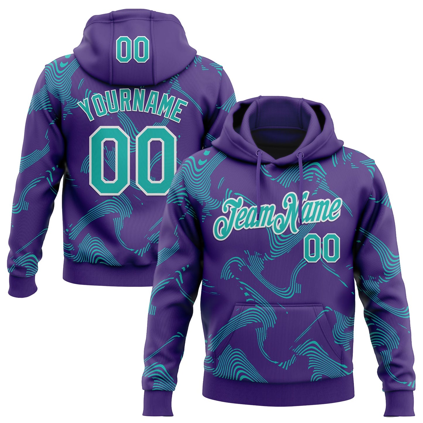 Custom Stitched Purple Aqua-White Curve Lines Sports Pullover Sweatshirt Hoodie - Main View