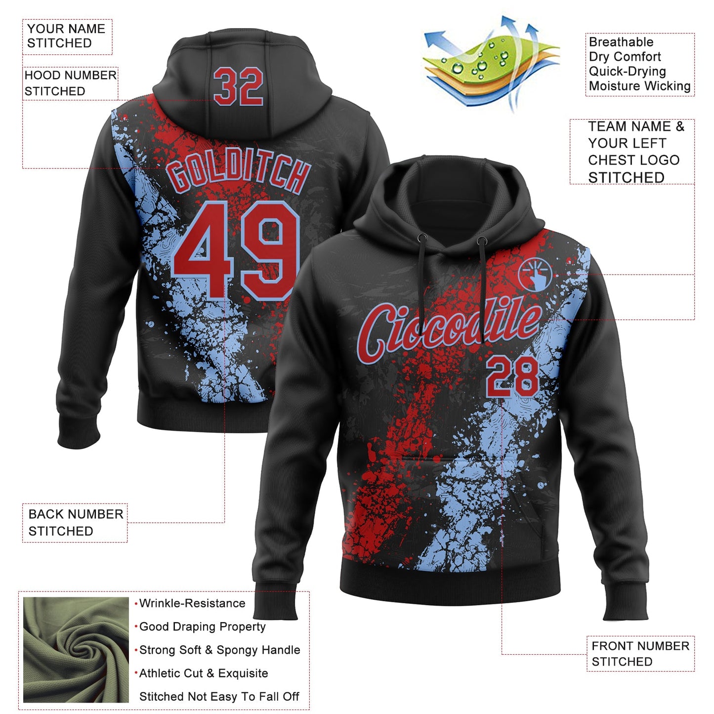 Custom Stitched Black Red-White Splash Sports Pullover Sweatshirt Hoodie view 4