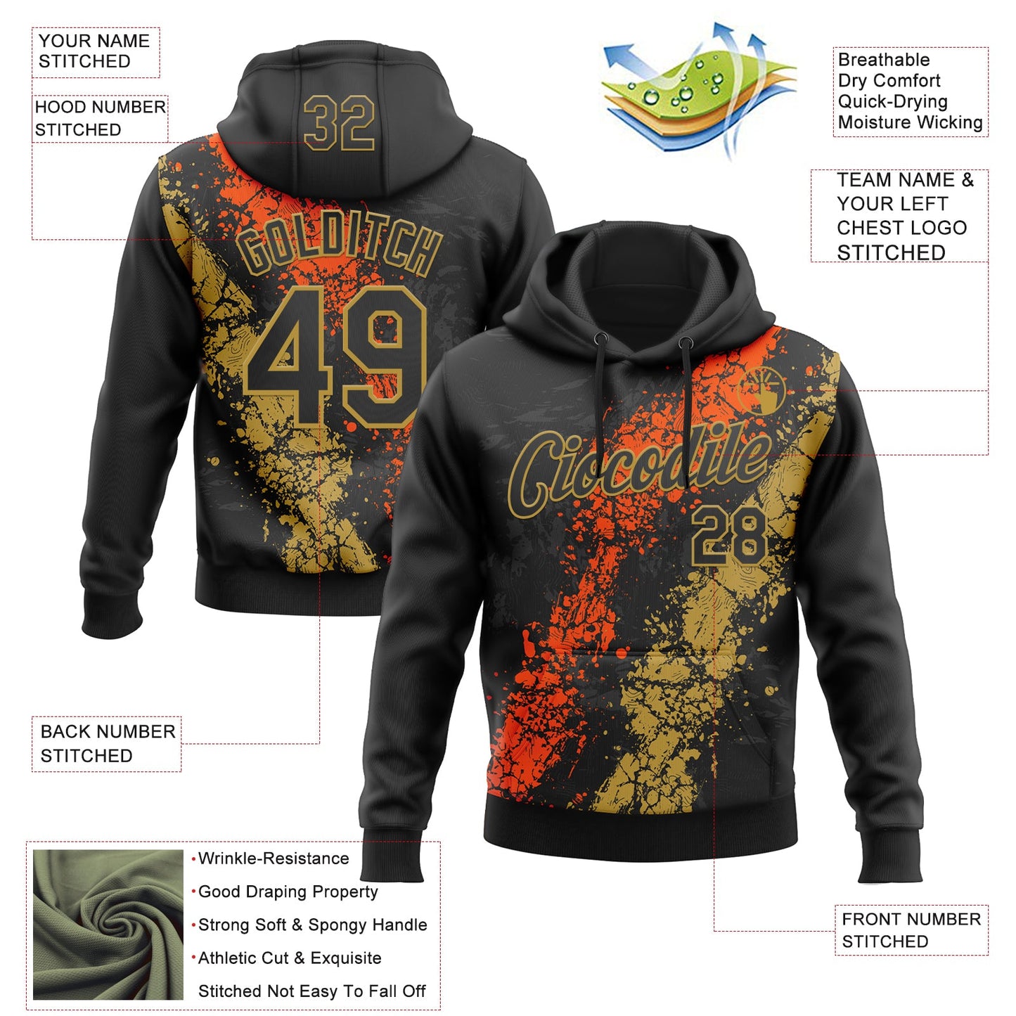 Custom Stitched Black Orange-Old Gold Splash Sports Pullover Sweatshirt Hoodie view 4