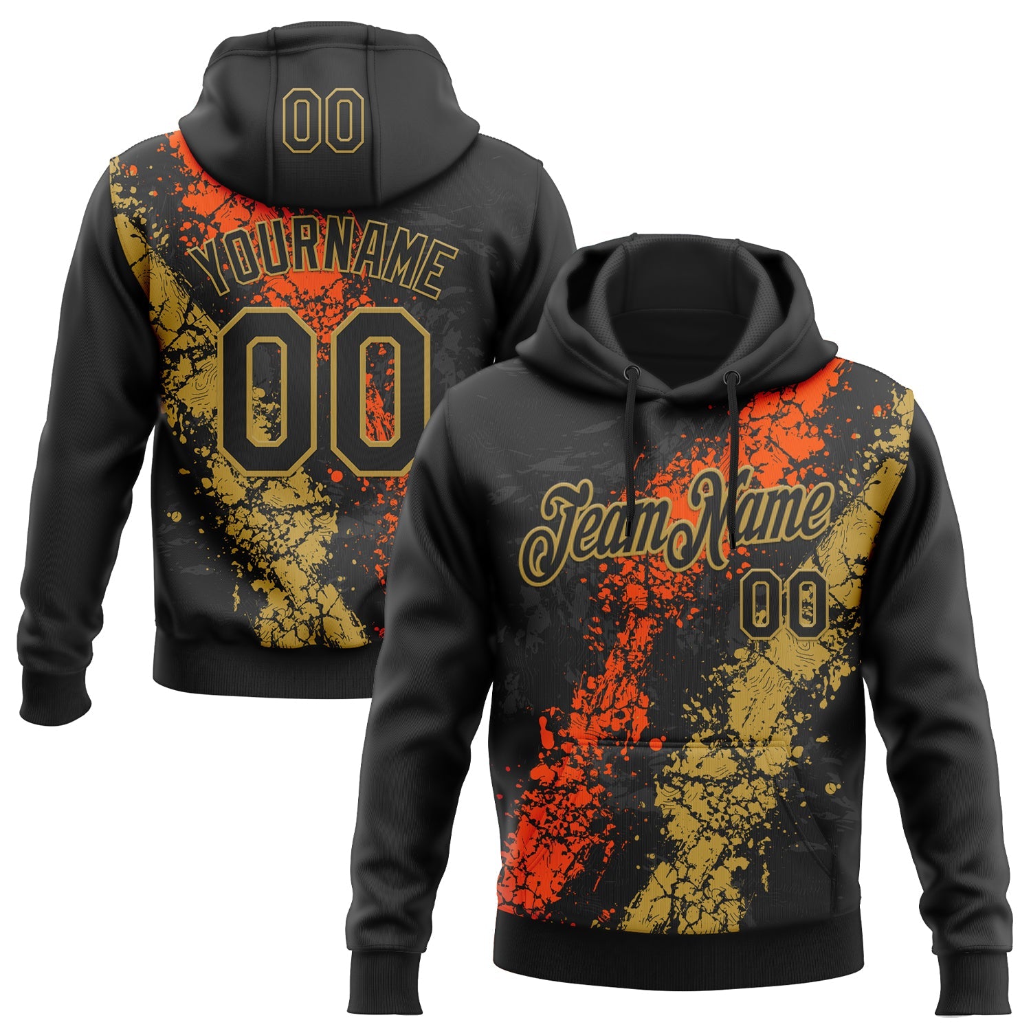 Custom Stitched Black Orange-Old Gold Splash Sports Pullover Sweatshirt Hoodie - Main View
