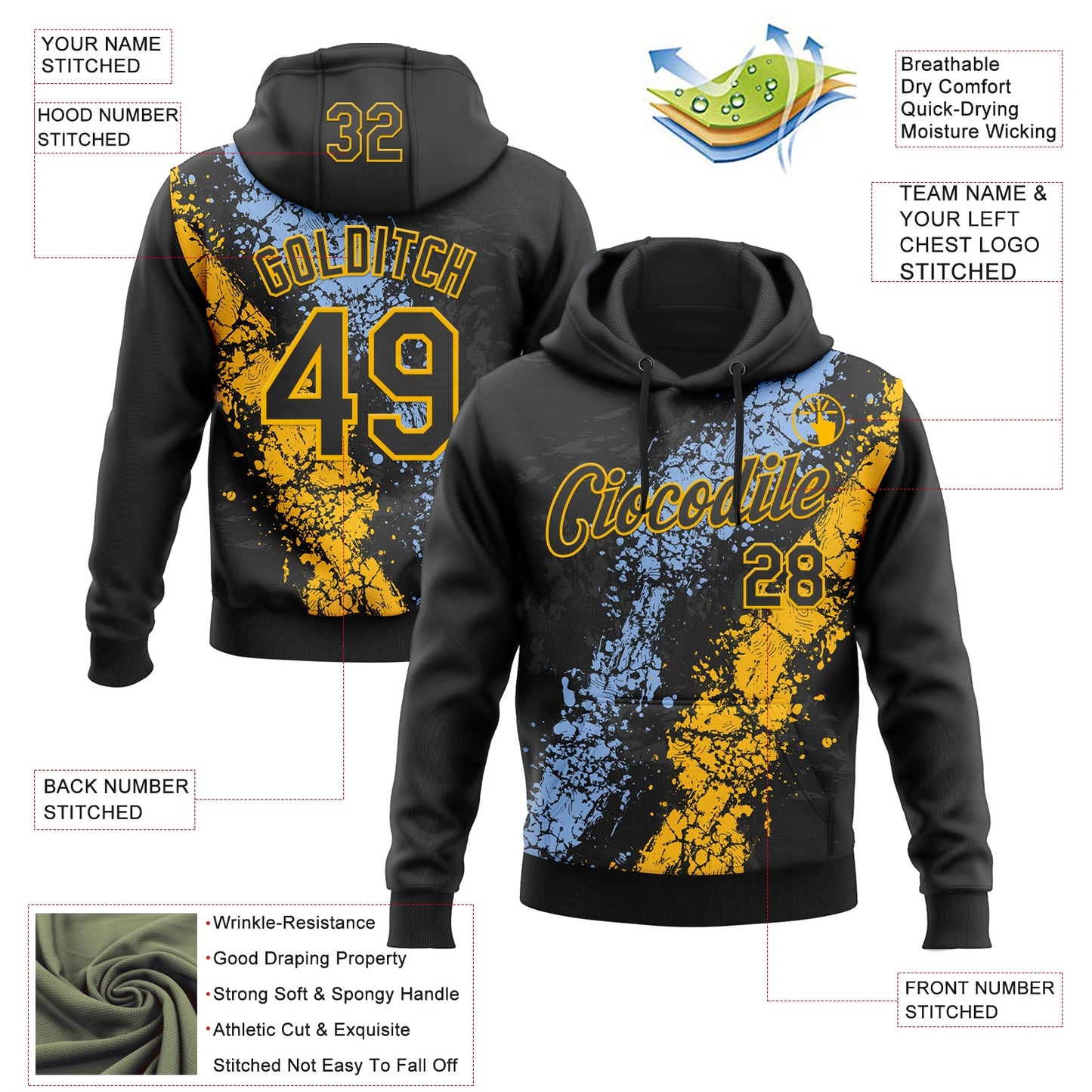 Custom Stitched Black Light Blue-Gold Splash Sports Pullover Sweatshirt Hoodie view 4