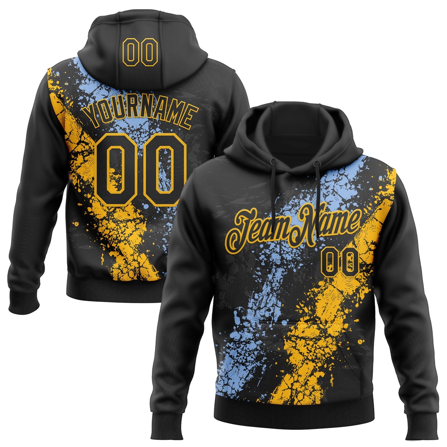 Custom Stitched Black Light Blue-Gold Splash Sports Pullover Sweatshirt Hoodie - Main View